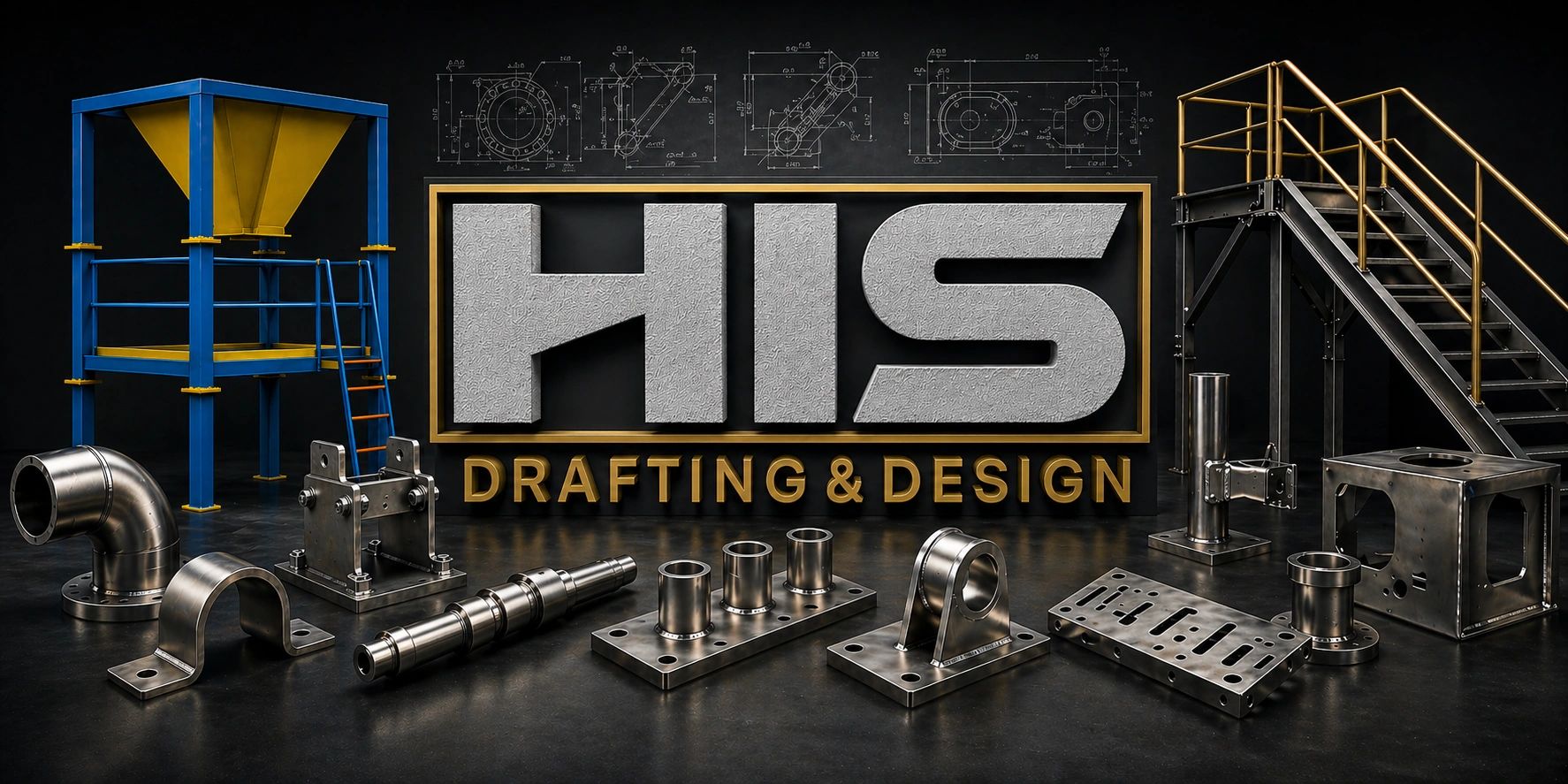 HIS Drafting & Design brand artwork featuring fabricated steel components, stairs, and technical drawings